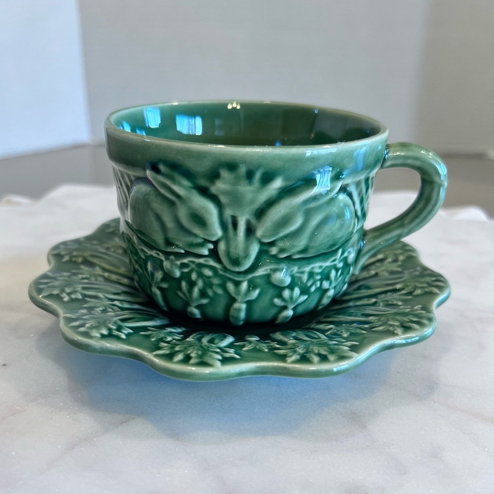 Discontinued Rabbit Green by BORDALLO PINHEIRO Rabbits Carrots Cup & Saucer Set
